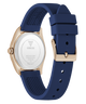 GUESS Ladies Blue Rose Gold Tone Analog Watch with blue strap and rose gold case on a white background