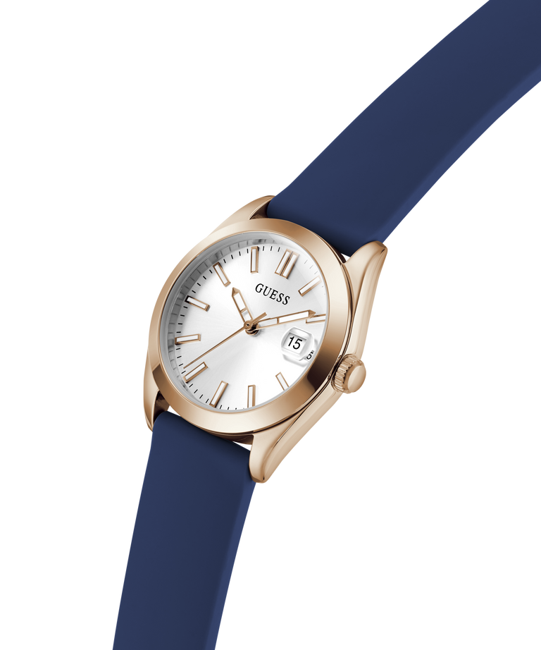 GUESS Ladies Blue Rose Gold Tone Analog Watch with blue strap and gold case on a white background lifestyle