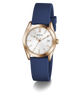 Guess watch with blue strap and rose gold case on a white background