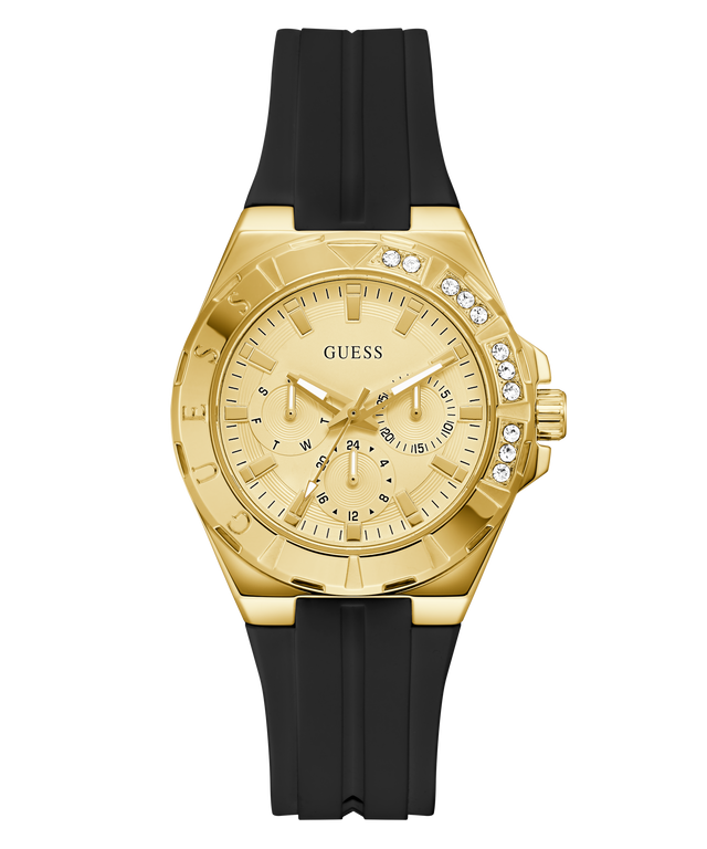 Gold GUESS Ladies White Gold Tone Analog Watch with black strap on a transparent background