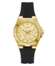 Gold GUESS Ladies White Gold Tone Analog Watch with black strap on a transparent background