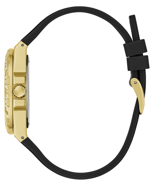 Gold and black watch with a black strap on a white background