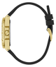 Gold and black watch with a black strap on a white background