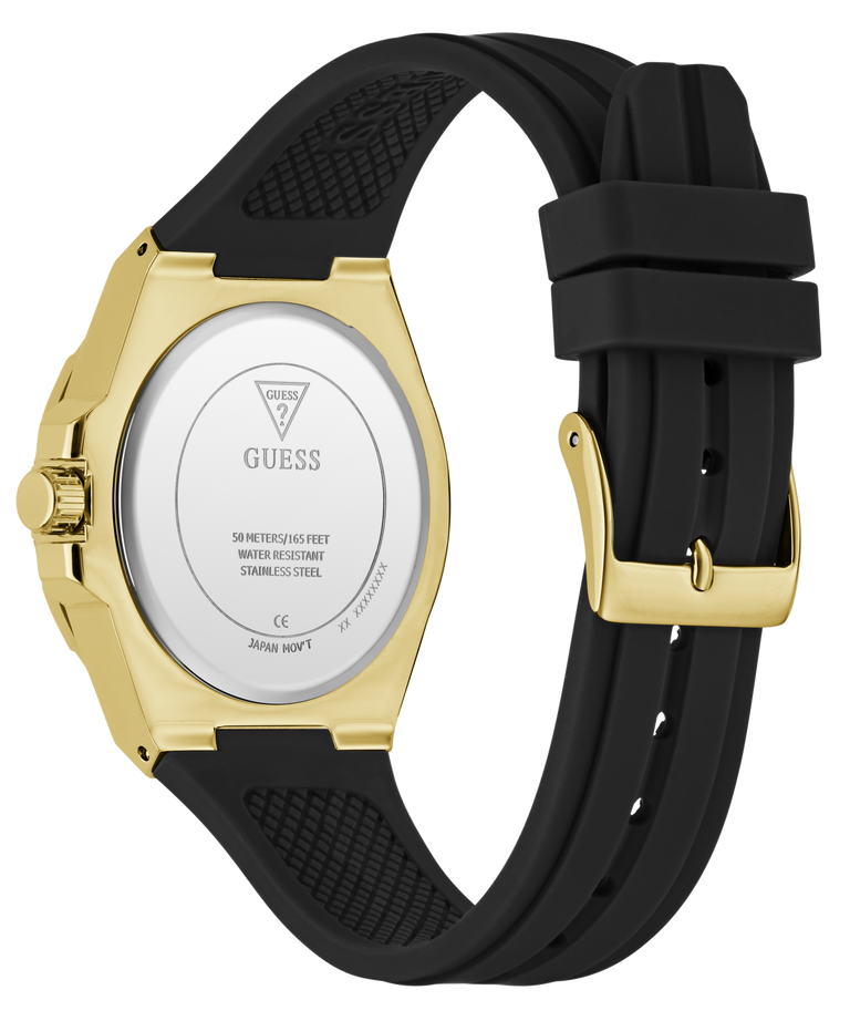 Back view of a Guess watch with black strap and gold case on a white background