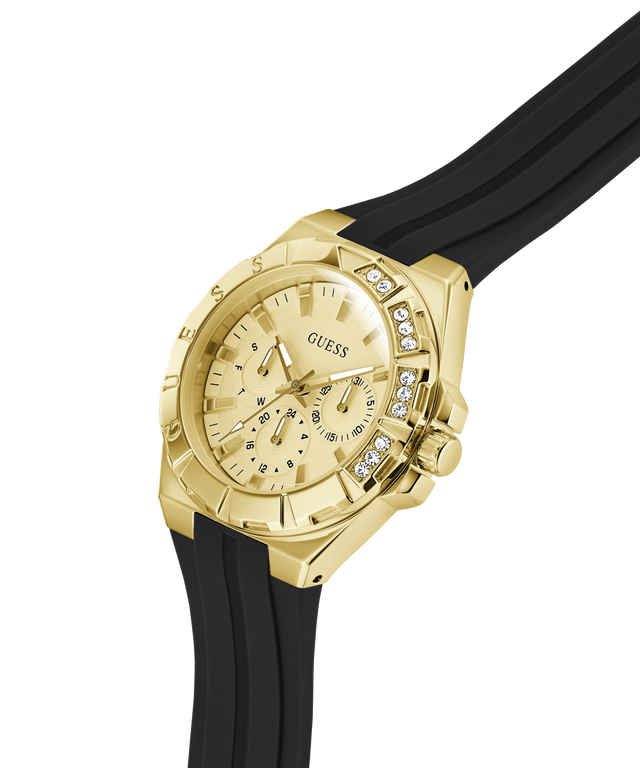 Gold watch with black strap on a white background lifestyle