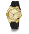 Gold watch with black strap on a white background
