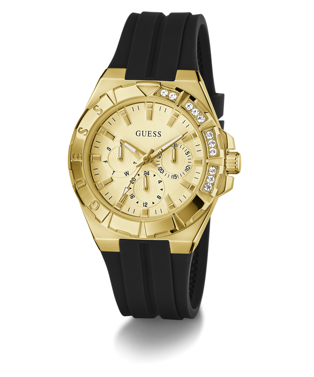Gold watch with black strap on a white background