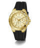 Gold watch with black strap on a white background