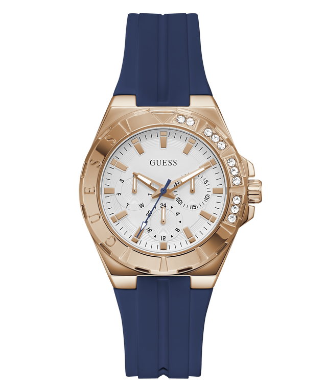Guess watch with rose gold case, blue rubber strap, and white dial on a transparent background