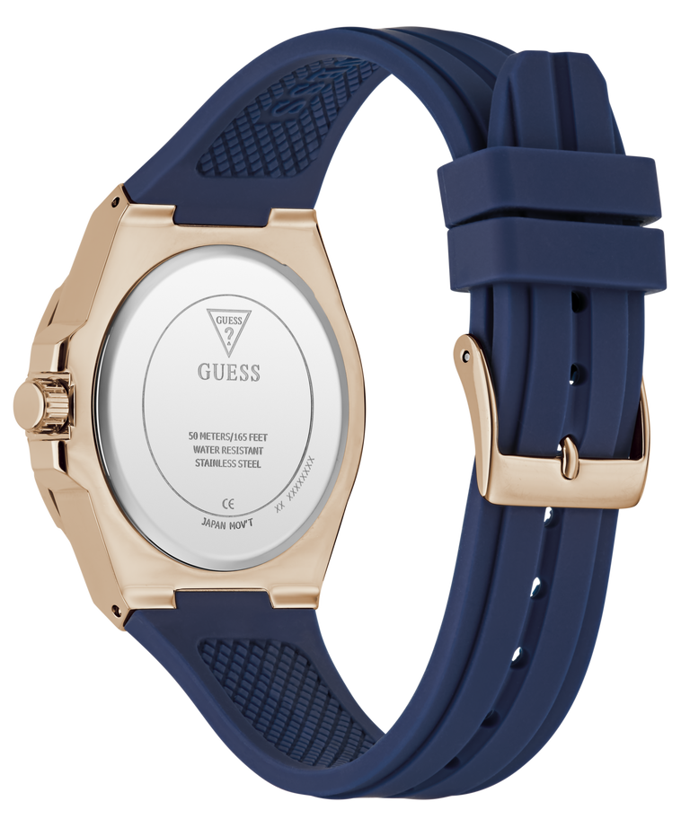 Watch with blue strap and rose gold case on a white background