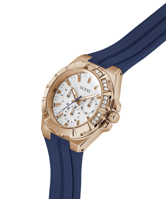 Gold watch with a white face and blue strap on a transparent background lifestyle