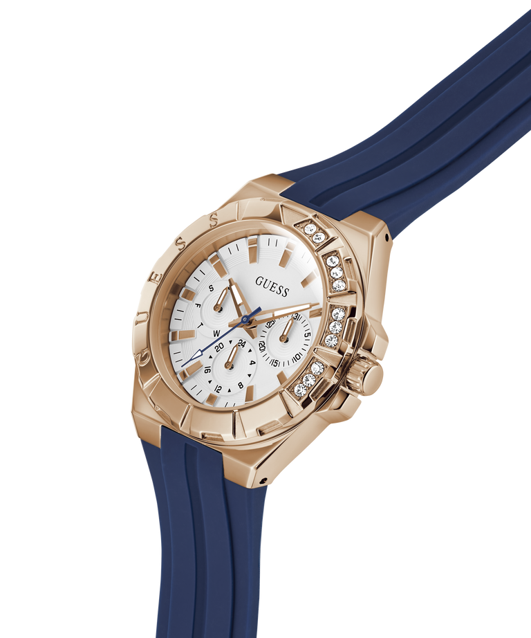Gold watch with a white face and blue strap on a transparent background lifestyle