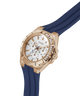Gold watch with a white face and blue strap on a transparent background lifestyle