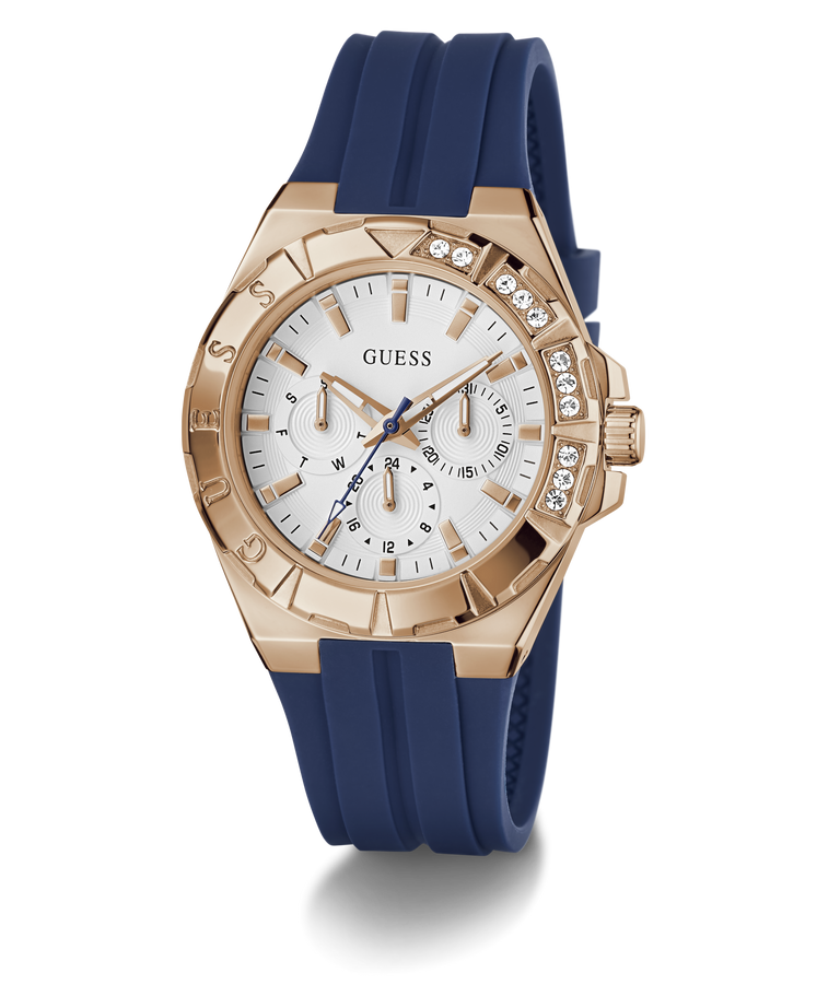 Guess watch with rose gold case, white dial, and blue strap on a transparent background