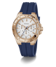 Guess watch with rose gold case, white dial, and blue strap on a transparent background