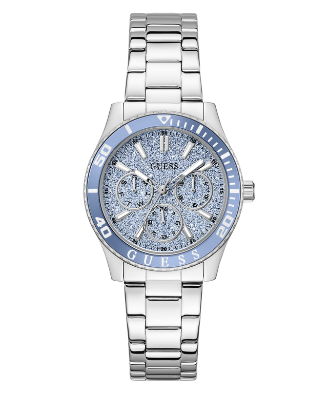 Silver GUESS Ladies Silver Tone Analog Watch with blue face and Guess logo on a white background