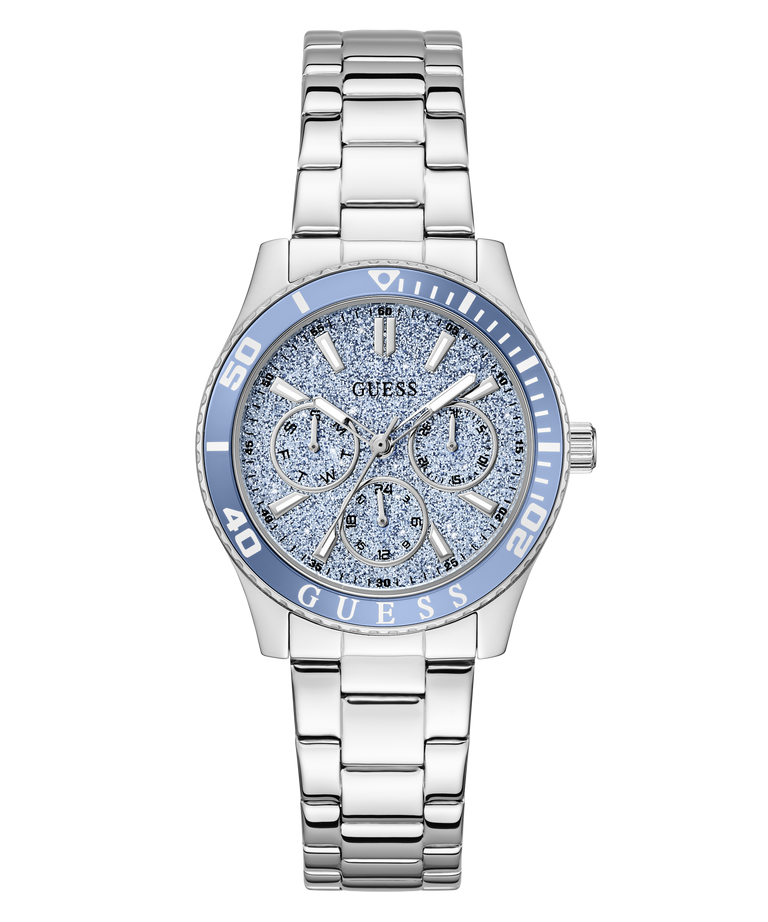 Silver GUESS Ladies Silver Tone Analog Watch with blue face and Guess logo on a white background