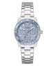 Silver GUESS Ladies Silver Tone Analog Watch with blue face and Guess logo on a white background