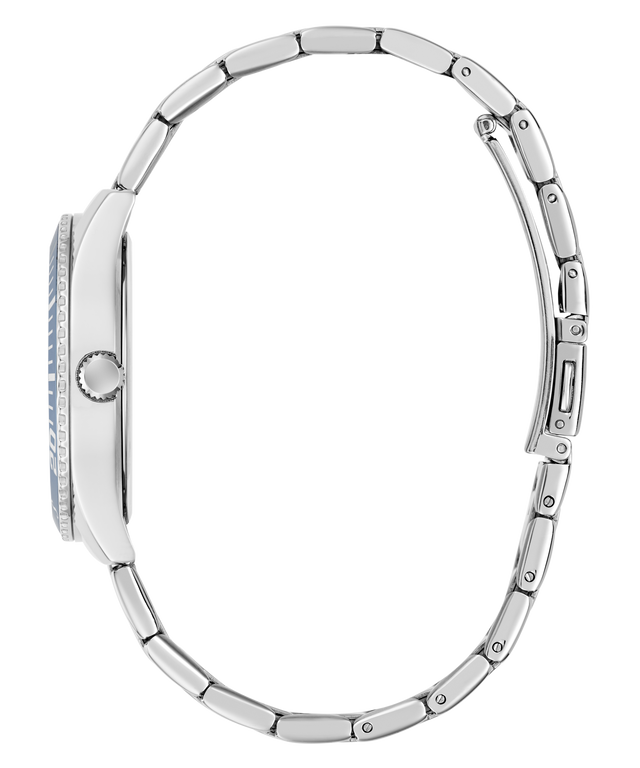 Close-up of a silver watch band on a white background