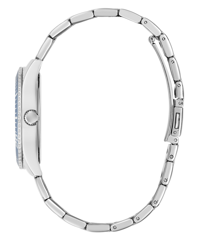 Close-up of a silver watch band on a white background