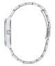 Close-up of a silver watch band on a white background