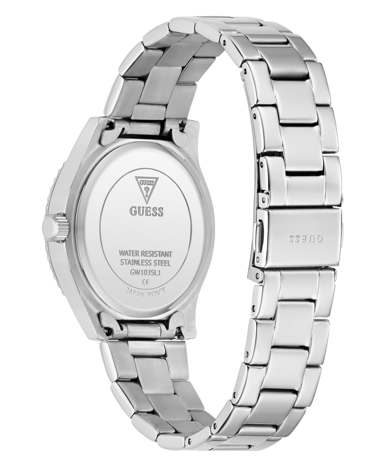 Silver Guess watch with metal band on a white background