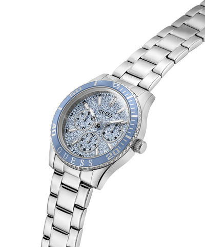 Silver Guess watch with blue face on a white background lifestyle