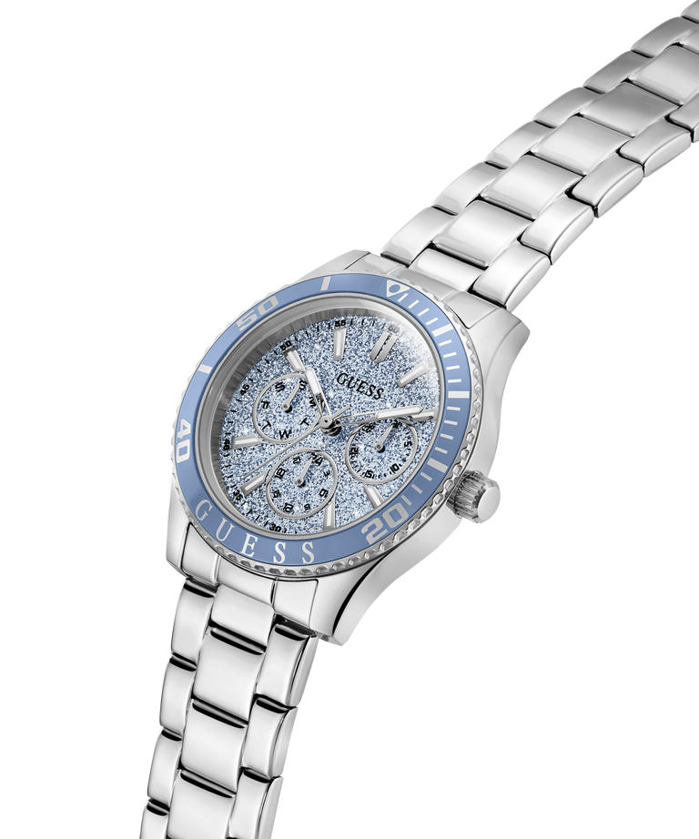 Silver Guess watch with blue face on a white background lifestyle