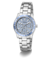 Silver GUESS Ladies Silver Tone Analog Watch with blue accents on a white background