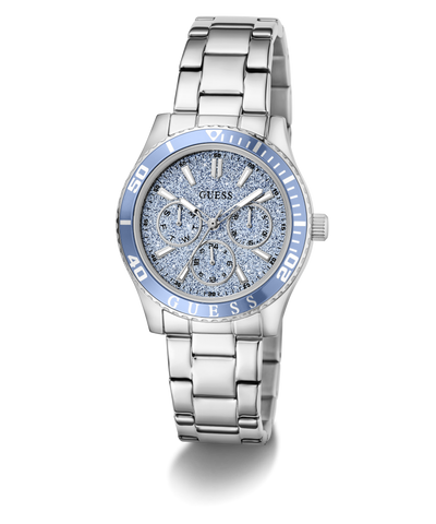 Silver GUESS Ladies Silver Tone Analog Watch with blue accents on a white background