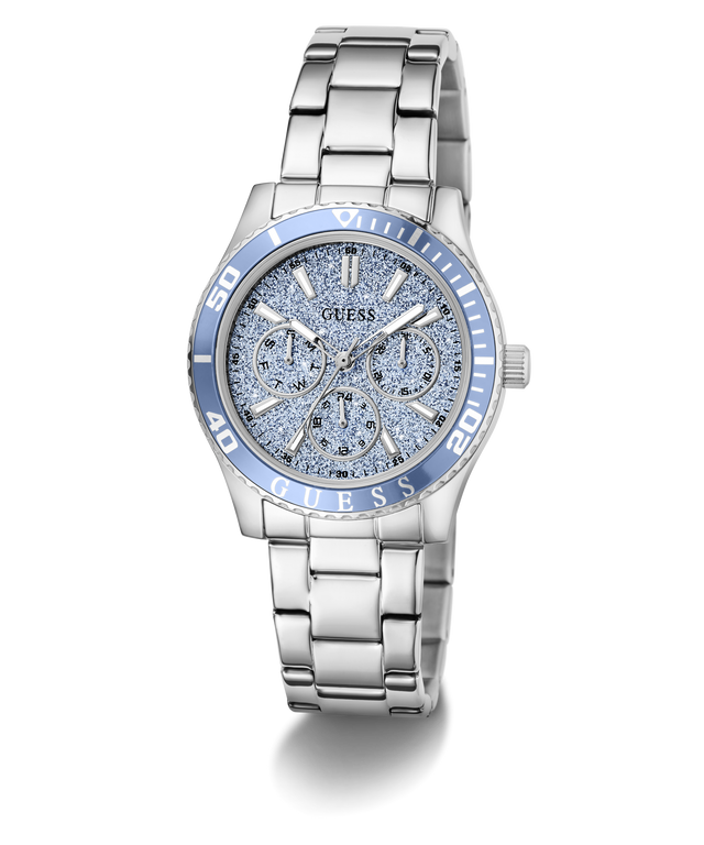 Silver GUESS Ladies Silver Tone Analog Watch with blue accents on a white background