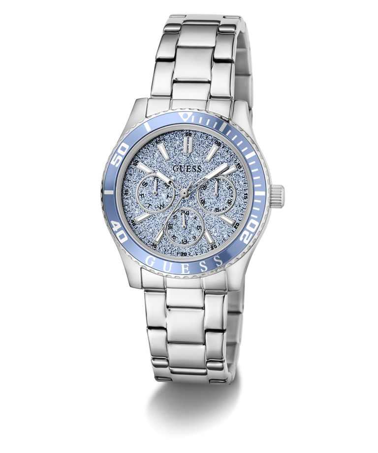 Silver GUESS Ladies Silver Tone Analog Watch with blue accents on a white background