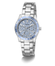 Silver GUESS Ladies Silver Tone Analog Watch with blue accents on a white background