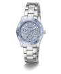 Silver GUESS Ladies Silver Tone Analog Watch with blue accents on a white background