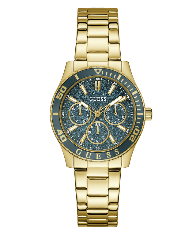 Gold GUESS Ladies Gold Tone Analog Watch with blue face on a white background