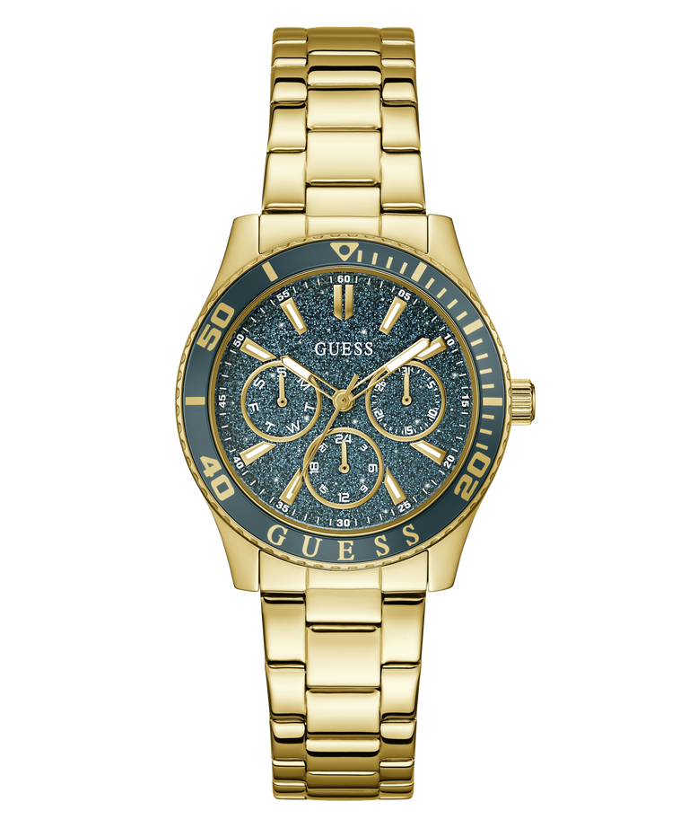 Gold GUESS Ladies Gold Tone Analog Watch with blue face on a white background