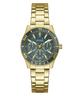 Gold GUESS Ladies Gold Tone Analog Watch with blue face on a white background