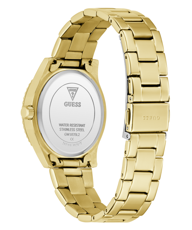Gold GUESS Ladies Gold Tone Analog Watch with a visible brand logo on a white background
