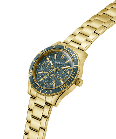 Gold watch with a blue face on a white background lifestyle