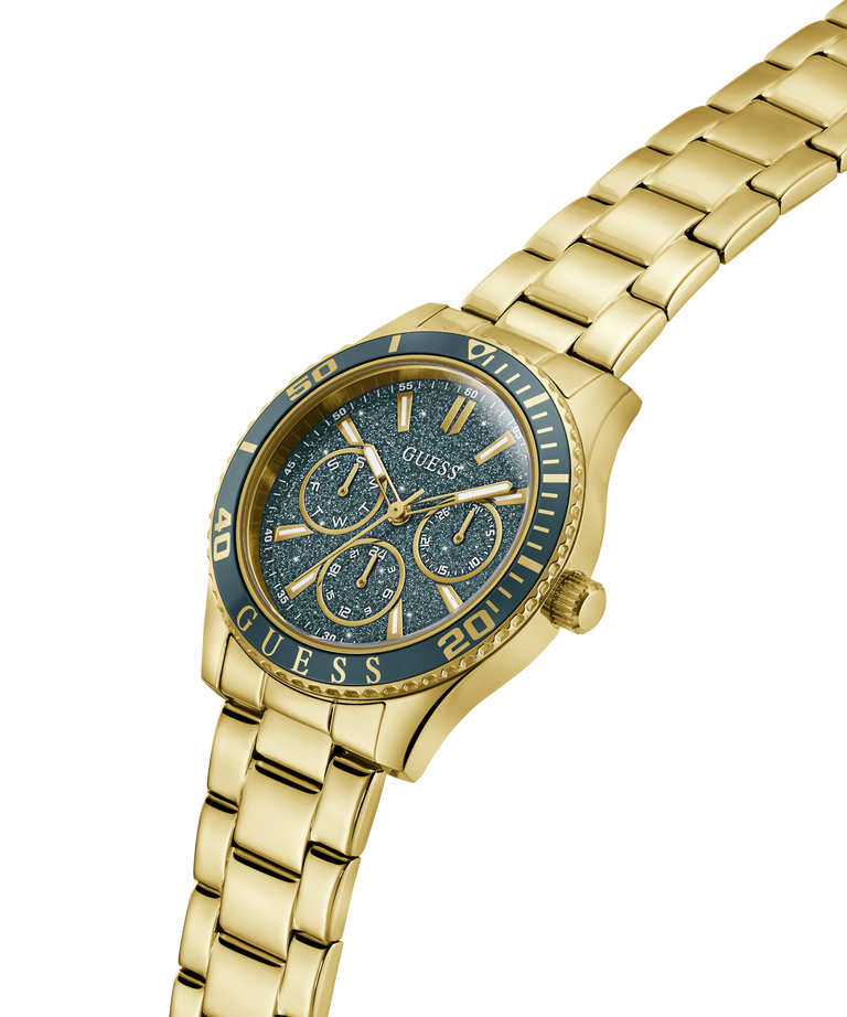 Gold watch with a blue face on a white background lifestyle