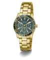 Gold GUESS Ladies Gold Tone Analog Watch with blue face on a white background