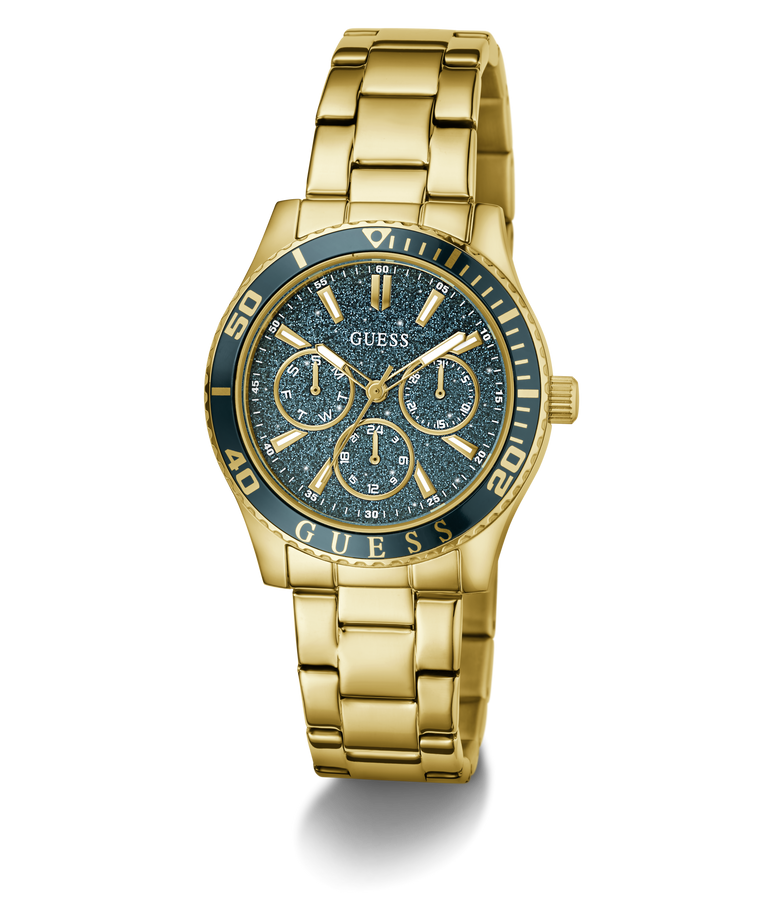 Gold GUESS Ladies Gold Tone Analog Watch with blue face on a white background
