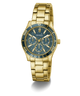 Gold GUESS Ladies Gold Tone Analog Watch with blue face on a white background