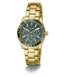 Gold GUESS Ladies Gold Tone Analog Watch with blue face on a white background