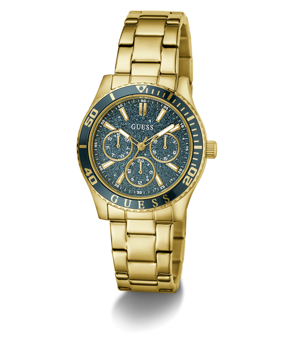Gold GUESS Ladies Gold Tone Analog Watch with blue face on a white background