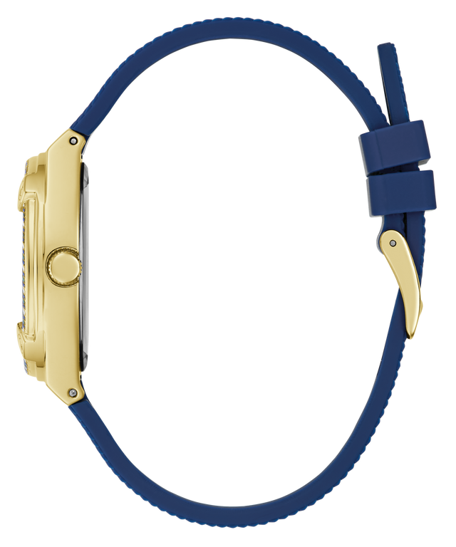 GUESS Ladies Blue Gold Tone Analog Watch with a blue strap and gold case on a white background