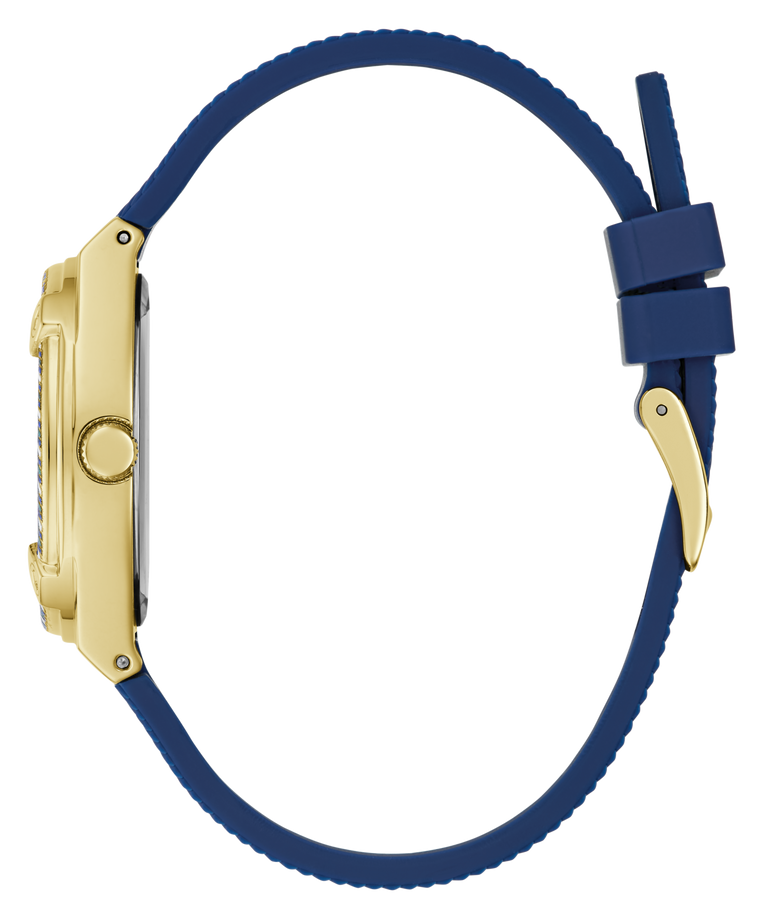 GUESS Ladies Blue Gold Tone Analog Watch with a blue strap and gold case on a white background