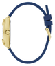 GUESS Ladies Blue Gold Tone Analog Watch with a blue strap and gold case on a white background