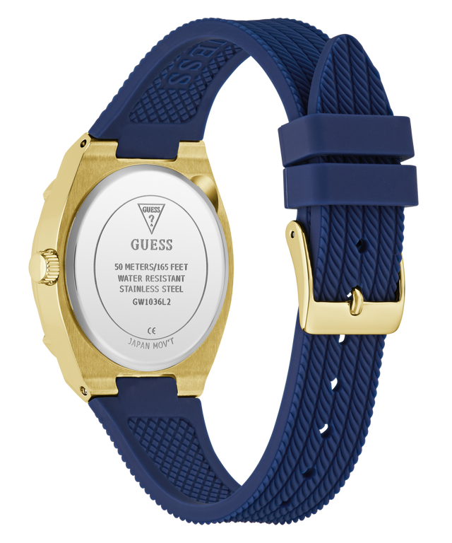 GUESS Ladies Blue Gold Tone Analog Watch caseback
