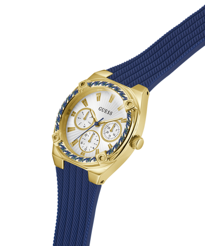 Gold GUESS Ladies Blue Gold Tone Analog Watch with a blue strap on a white background lifestyle